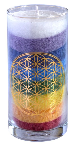 Kerze Rainbow Blume des Lebens im Glas Stearin 14cm